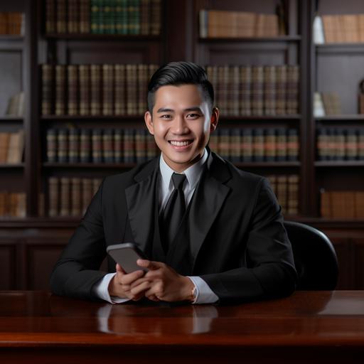 indonesian lawyer hotline person, was on phone smiling on camera, photoshoot on clean backgorund