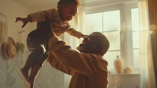 indoor photography, a black grandpa is holding his grandson in the air, they are laughing in the bathroom in the morning, white light, cozy, realistic skin, realistic, modern, style raw --ar 16:9 --v 6.0