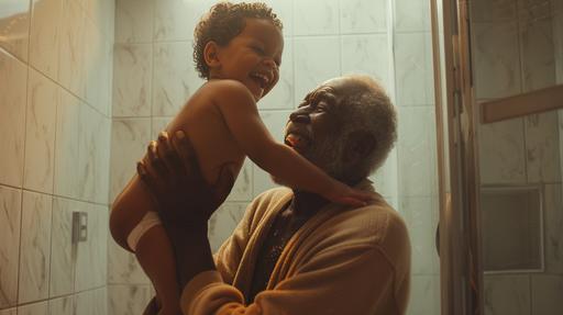 indoor photography, a black grandpa is wearing a jumper, he is taking care of his grandson, he is holding his grandson in the air, they are laughing in the bathroom, white light, cozy, realistic skin, realistic, modern, style raw --ar 16:9 --v 6.0
