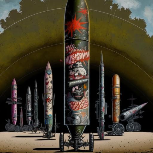 industrialpunk gang war ballistic missiles with graffiti and outlaw biker logos --v 4
