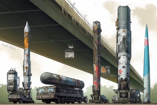 industrialpunk gang war ballistic missiles with graffiti and outlaw biker logos --niji 5 --ar 3:2 --v 4 --q 2