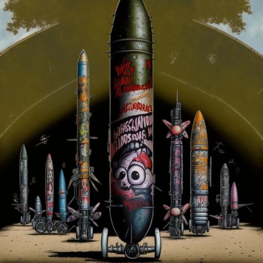 industrialpunk gang war ballistic missiles with graffiti and outlaw biker logos --v 4