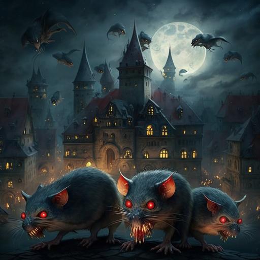 infinite number of angry rats with red eyes attacking medieval capital, night --v 4
