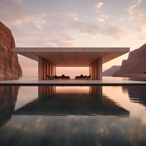 infinity pool with a central a modern monolithic pavilion that looks like it is floating over the water by david chipperfield housing integrated luxury daybeds between columns, the mood is late afternoon with dynamic and romantic lighting. The pool overlooks the mountains of Saudi Arabia