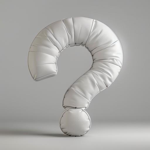 inflated white leather material in the shape of question mark, light gray background