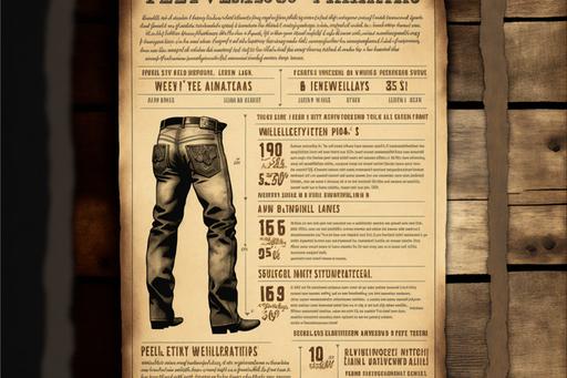 infographic on metalic levi's jeans, stained paper, aged wood, jc penny ad, old western wanted poster, by georgia o'keefe --v 4 --q 2 --ar 3:2