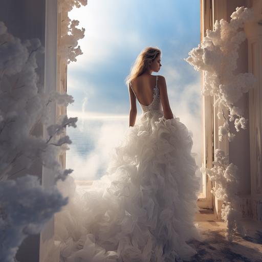 infrared photography::1.6, A sleeveless wedding dress based on 2024 trends in haute couture, fitted with a transparent bodice made of tulle and lace, designed by lizmartinezbridal, shot in Capri, Italy