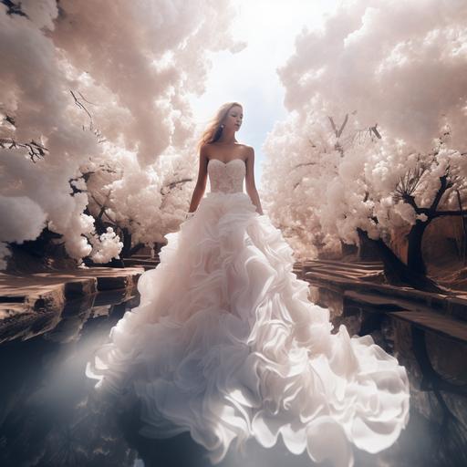 infrared photography::1.6, A sleeveless wedding dress based on 2024 trends in haute couture, fitted with a transparent bodice made of tulle and lace, designed by lizmartinezbridal, shot in Capri, Italy