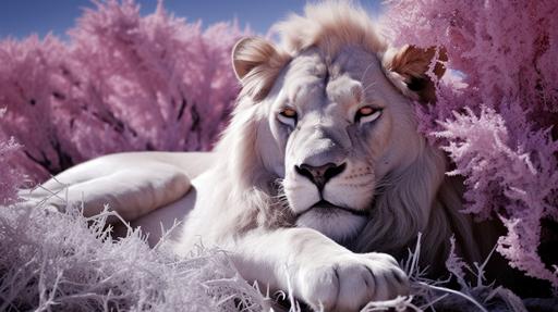 infrared photography, a mighty lion sleeps under shade in the kalahari. panasonic lumic lx5, x-nite 630 nm filter, b w kasemann polarizer, 1/60th sec at f/7.1 iso 80, HDR, lomography lomochrome purple with voigtlander vitessa A. , by zak van biljons --ar 1920:1080