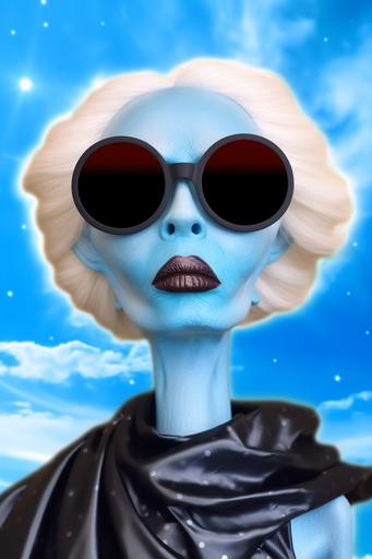 infrared photography of a realistic alien in sunglasses in the background, in the style of sky-blue and black, feminine surrealist, contemporary modernist-type photography, surrealistic installations, rendered in maya, classical portraiture, cloudpunk --ar 85:128 --chaos 100 --weird 3000 --s 750