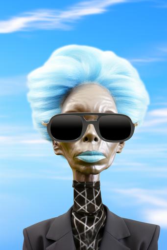 infrared photography of a realistic alien in sunglasses in the background, in the style of sky-blue and black, feminine surrealist, contemporary modernist-type photography, surrealistic installations, rendered in maya, classical portraiture, cloudpunk --ar 85:128 --s 750 --weird 3000