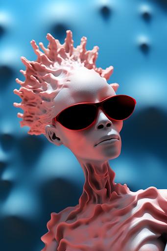 infrared photography of a realistic alien in sunglasses in the background, in the style of sky-blue and black, feminine surrealist, contemporary modernist-type photography, surrealistic installations, rendered in maya, classical portraiture, cloudpunk --ar 85:128 --s 750