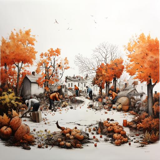 ink illustration of many busy people gardening in the fall, raking leaves, wheelbarrel, pruning bushes, on white paper