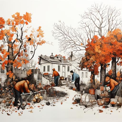 ink illustration of many busy people gardening in the fall, raking leaves, wheelbarrel, pruning bushes, on white paper