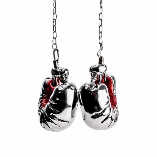 kroons chrome statue of of hanging boxing gloves with white background aand high contrast