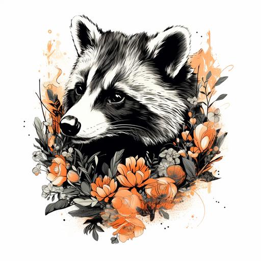 ink style, raccoon head from side, made with flowers pattern