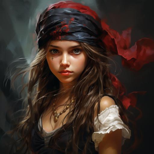 fantasy, dark , child girl, brunette, pirate, bandana on head