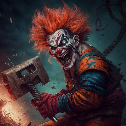 insane clown, chainsaw, cartoon, realistic