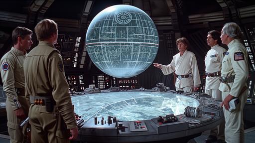 inside a rebel base there is a large, round map table. Standing around the map table are male and female military commanders and dignitaries dressed in Star Wars rebel uniforms. They are all looking at a large spherical wireframe hologram projection of the Death Star floating above the surface of the map table. The group is planning their attack of the Death Star. Luke Skywalker stands among the group in his medieval grunge uniform. Luke is pointing at the Death Star wireframe and laughing --ar 16:9 --v 6.0