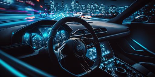 inside black and blue car with beatiful steering wheels and racing dashboard into night city, 4K --v 4 --ar 16:8