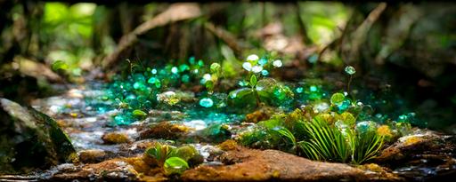 inside brazilian rainforest, running from left to right is a shallow stream of crystal clear water with sparkling precious stones at the botton of the stream, emerald green grass, exotic flowers, multicilored rays of sun, --q 5 --ar 10:1