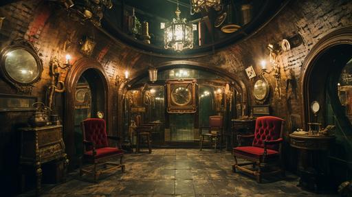 inside escapology magician room victorian vauderviulle room mirrors lights bricks lights, theatrical spotlights, nautical feel --ar 16:9