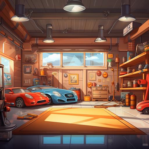 inside modern car garage blurry background cartoon grand thegt auto 5 style 3:4