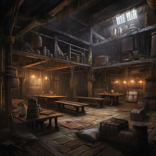 inside of a mercenary barracks, theatre of the mind D&D style, run-down furniture, cobwebs