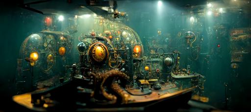 inside of a steampunk submarine control room with a sea monster, cinematic lighting, hyper realistic, intricate details, colorful, volumetric lighting --ar 21:9 --q 2