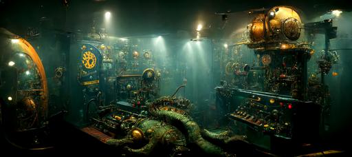 inside of a steampunk submarine control room with a sea monster, cinematic lighting, hyper realistic, intricate details, colorful, volumetric lighting --ar 21:9 --q 2