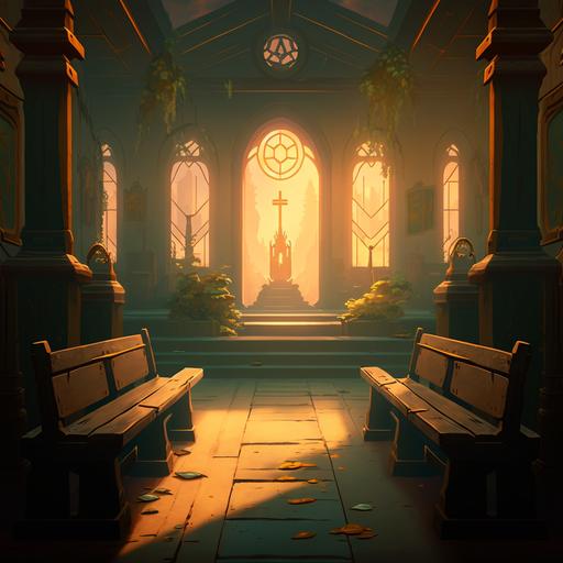 inside old poor church, doors on the right side, benches, sunset, goddess statue, style of breath of the wild --v 4 --q 2 --no people, humans, persons