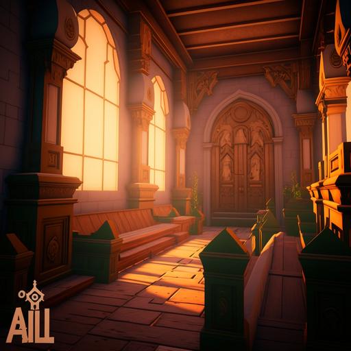 inside old poor church, doors on the right side, benches, sunset, goddess statue, style of breath of the wild --v 4 --q 2 --no people, humans, persons