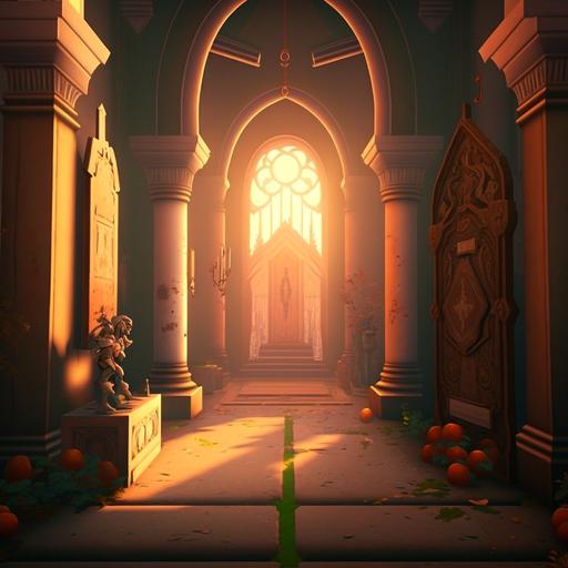 inside old poor church, doors on the right side, sunset, goddess statue, style of breath of the wild --v 4 --q 2 --no people, humans, persons
