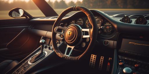 inside porsche car with beatiful steering wheels and racing dashboard, 4K --v 4 --ar 16:8