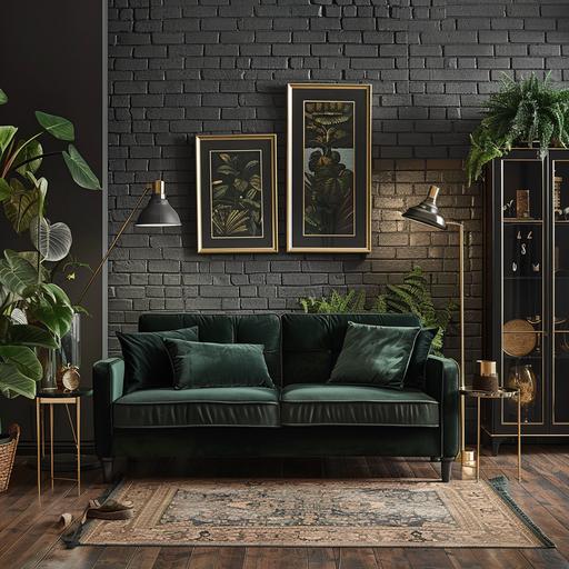 inspiration board for a living room with a dark gray brick wall, a dark green velvet sofa, a slight touch of gold decor and a cabinet of curiosities style --v 6.0