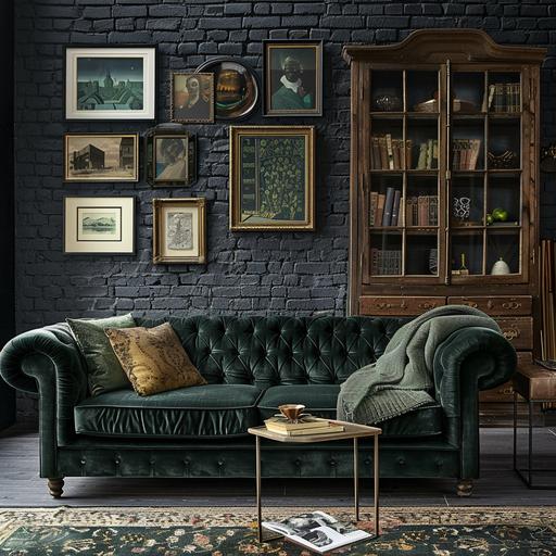 inspiration board for a living room with a dark gray brick wall, a dark green velvet sofa, a slight touch of gold decor and a cabinet of curiosities style
