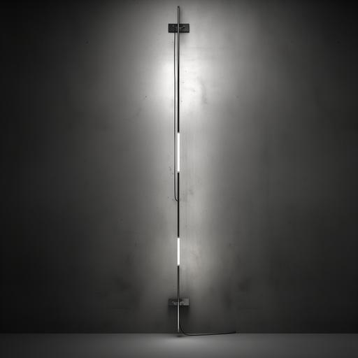 inspired by Guillermo Santoma, generate a minimalistic detailed contemporary industrial style futuristic vertical long hanging or standing led lamp with tensegrity elements, anchored to the wall and ceiling with cables and bolts in sight and materials such as stainless steel, raw steel, glass, steel wire, bolts. With just one diffused bulb. Conected to a base. Placed in white background.