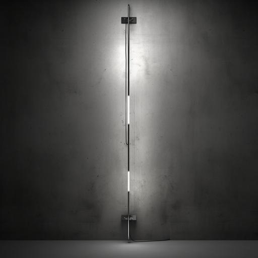 inspired by Guillermo Santoma, generate a minimalistic detailed contemporary industrial style futuristic vertical long hanging or standing led lamp with tensegrity elements, anchored to the wall and ceiling with cables and bolts in sight and materials such as stainless steel, raw steel, glass, steel wire, bolts. With just one diffused bulb. Conected to a base. Placed in white background.