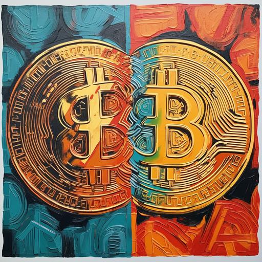 inspired by pop art, zoom shot of the conflict between Fiat Money and Bitcoin. The most important economic debate of our time is depicted in a bold and vibrant art style, influenced by artists like Andy Warhol and Roy Lichtenstein. Fiat Money is represented in traditional colors, while Bitcoin is portrayed in a striking combination of orange and gold, symbolizing its digital nature. Fiat Money is shown in a stagnant and rigid pose, while Bitcoin exudes dynamism and forward movement. The expression of Fiat Money is skeptical, while Bitcoin conveys optimism and innovation. The environment is set in a juxtaposition of a traditional bank setting and a futuristic digital landscape, illuminated by contrasting lights of warm and cool tones. The image effects include halftone patterns, color pops, comic book-style speech bubbles, metallic shine, and glitch effects, highlighting the clash between the old and the new. The final artwork is hyper-detailed, hypermaximalist, insanely detailed, and intricate. --upbeta --v 5 --s 750 --q 1