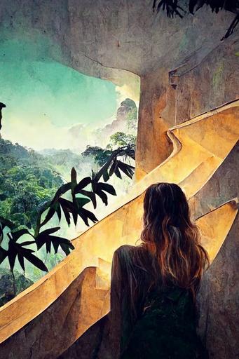instagram influencer selfie, backdrop of gorgeous stairs, spectacular wilderness jungle --d