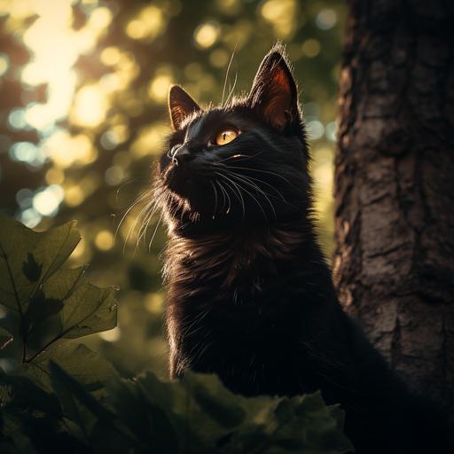 instagram storie of a cute black cat facing away the camera, sitting next to a tree on a park, high detailed tree, photo captured using a Nikon D850 DSLR camera with 85mm lens::4 , hyperrealism:: 4, Natural lighting::3 --v 5.2
