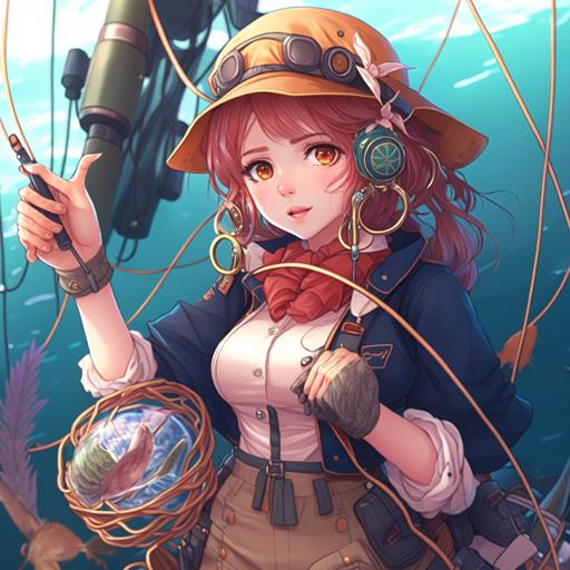 institute of marine fisheries and oceanology as a cute anime girl, fishing technology, fishing gear, fishing net, mature, realistic, 4k, --v 4