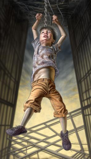 insufferable fool boy swinging upside down with his foot caught in a rope at a 90° angle perpendicular to a matrix of stainless steel spikes ::9 postmodern hyperrealism::4 intricate, highly-detailed, high quality, 8k::2 --no blurry, dim, boring, generic, simple, plain, grainy, filigree --ar 9:16 --s 1000