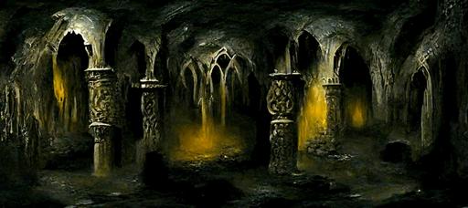 a large pitch-black dark cavernous fantasy dungeon, many large weathered pillars with painted celtic patterns, lit by wall-mounted torches, murky waterfilled stone floor, gold coins visible through the water, dark, mist, gloomy, cobwebs, mold, dirt, dust particles, mold, bloom, high detail, bloom, intricate, mystical, eerie, cinematic, cinematic lighting, photoreal, martin bergstrom style, 8k --ar 21:9 --uplight