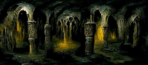 a large pitch-black dark cavernous fantasy dungeon, many large weathered pillars with painted celtic patterns, lit by wall-mounted torches, murky waterfilled stone floor, gold coins visible through the water, dark, mist, gloomy, cobwebs, mold, dirt, dust particles, mold, bloom, high detail, bloom, intricate, mystical, eerie, cinematic, cinematic lighting, photoreal, martin bergstrom style, 8k --ar 21:9