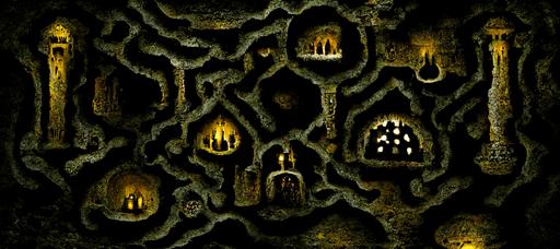 a large pitch-black dark cavernous fantasy dungeon, many large weathered pillars with painted celtic patterns, lit by wall-mounted torches, murky waterfilled stone floor, gold coins visible through the water, dark, mist, gloomy, cobwebs, mold, dirt, dust particles, mold, bloom, high detail, bloom, intricate, mystical, eerie, cinematic, cinematic lighting, photoreal, martin bergstrom style, 8k --ar 21:9