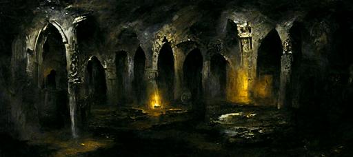 a large pitch-black dark cavernous fantasy dungeon, many large weathered pillars with painted celtic patterns, lit by wall-mounted torches, murky waterfilled stone floor, gold coins visible through the water, dark, mist, gloomy, cobwebs, mold, dirt, dust particles, mold, bloom, high detail, bloom, intricate, mystical, eerie, cinematic, cinematic lighting, photoreal, martin bergstrom style, 8k --ar 21:9 --uplight