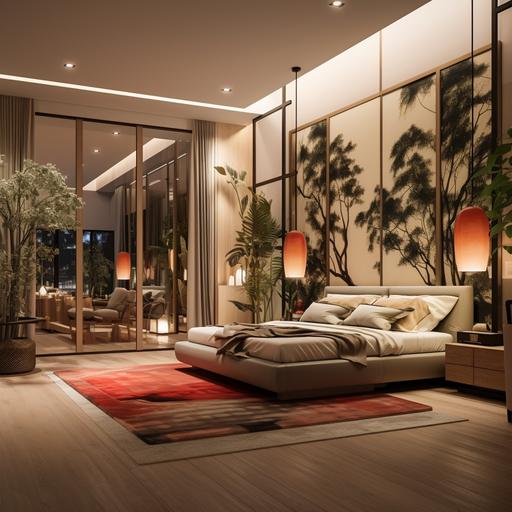 interior bedroom, modern stylish, asian aesthetic, bege walls, panton colors, red asian carpet, wooden decor, mirror on the floor, warm lights, plants, palm wallpaper, green textile, night time, paintings Feng Shui, big closet