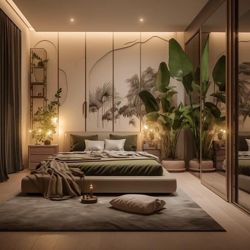 interior bedroom, modern stylish, asian aesthetic, bege walls, panton colors,asian wooden decor, mirror on the floor, warm lights, plants, palm wallpaper, green textile, night time, paintings Feng Shui, big closet