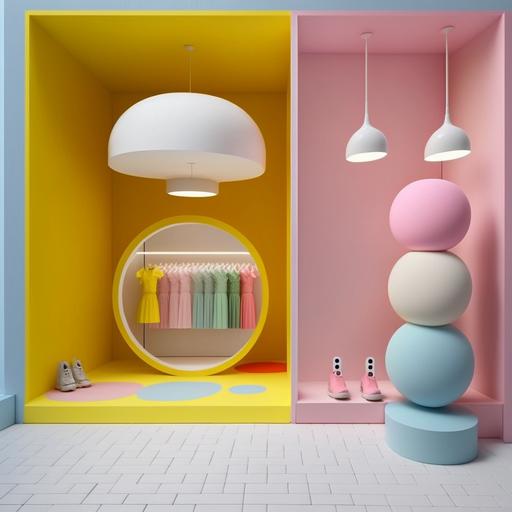 interior design, brand benetton, comercial local, kids clothes, double high, modern building, day light, spring colors, wallpaper, minimal style, funny lamps